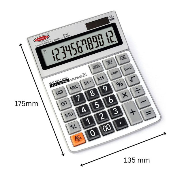 Bambalio BL-450 12 Digits Desktop Calculator shown with dimensions and display.