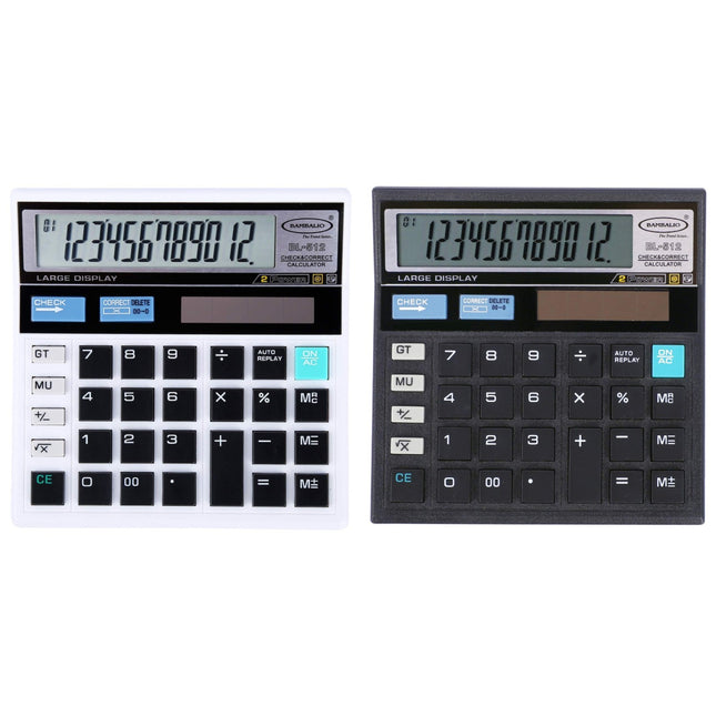Bambalio BL-512 12 Digits Desktop Calculator in white and black color variants with large LCD display.
