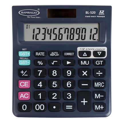 Bambalio BL-520 12 Digits Desktop Calculator with 30° angled display and dual power options.