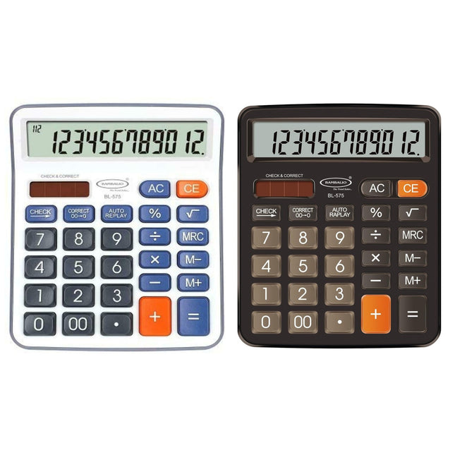 Bambalio BL-575 12 Digits Desktop Calculator, showing two designs with large LCD display and diamond-cut keys.