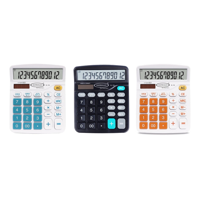 Bambalio BL-700 12 Digits Desktop Calculator in three color variations with large buttons and display.
