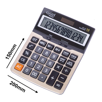 Bambalio BL-714 14 Digits Desktop Calculator showing 14-digit LCD display and keypad.