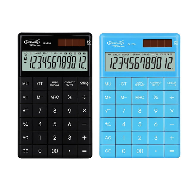 Bambalio BL-750 12 Digits Desktop Calculator in black and blue, showcasing dual-color options and 12-digit display.