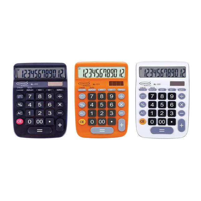 Bambalio BL-777 12 Digits Desktop Calculator in black, orange, and white with large LCD display.