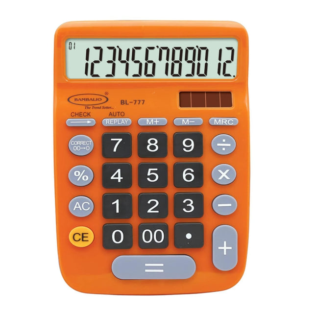 Bambalio BL-777 12 Digits Desktop Calculator with orange body and large LCD display.