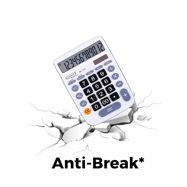 Bambalio BL-777 12 Digits Desktop Calculator showcasing anti-break feature on a cracked surface.