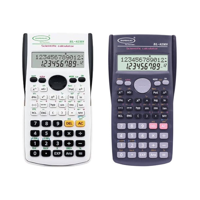 Bambalio BL-82MS Scientific Calculator | 240 Functions and 2 Line Display showing two models side by side.
