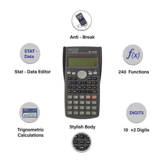 Bambalio BL-82MS Scientific Calculator | 240 Functions and 2 Line Display with anti-break design and stat-data editor.