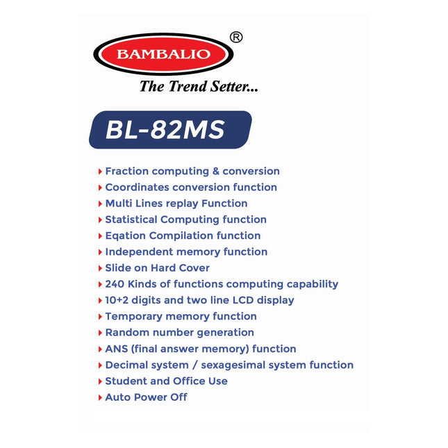 Bambalio BL-82MS Scientific Calculator | 240 Functions and 2 Line Display features and functions overview.