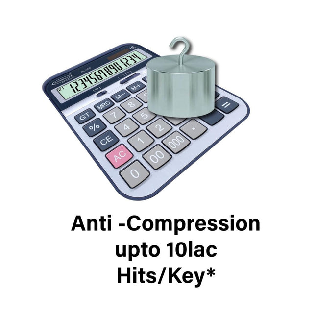 Bambalio BL-950 14 Digits Desktop Calculator showcasing anti-compression feature with up to 10 lac hits per key.