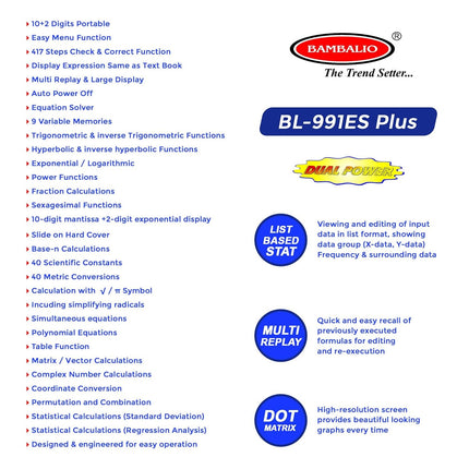 Bambalio BL-991ES Plus Scientific Calculator | 417 Functions and 2 Line Display features list of functions.