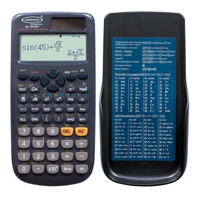 Bambalio BL-991ES Plus Scientific Calculator | 417 Functions and 2 Line Display showing functions and keypad layout.