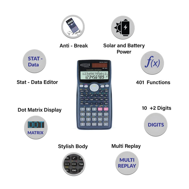 Bambalio BL-991MS Scientific Calculator | 401 Functions and 2 Line Display with solar power and stylish body features.