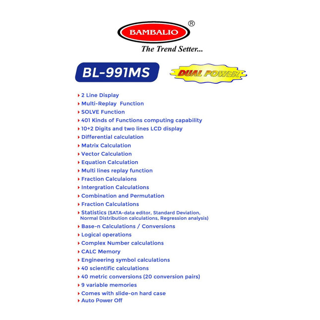 Bambalio BL-991MS Scientific Calculator | 401 Functions and 2 Line Display specifications overview with features listed.