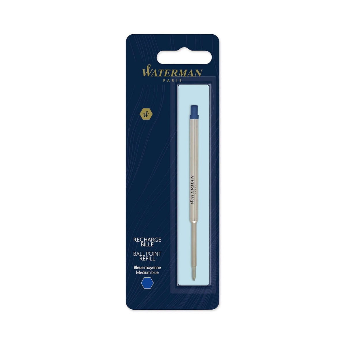 Waterman Ball Pen Refill | Ink Colour - Blue and Black in packaging with blue ink refill visible.