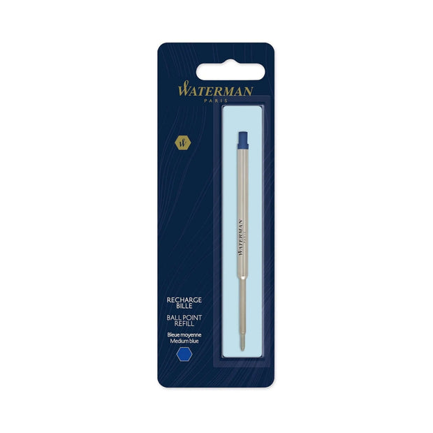 Waterman Ball Pen Refill | Ink Colour - Blue and Black in packaging with blue ink refill visible.