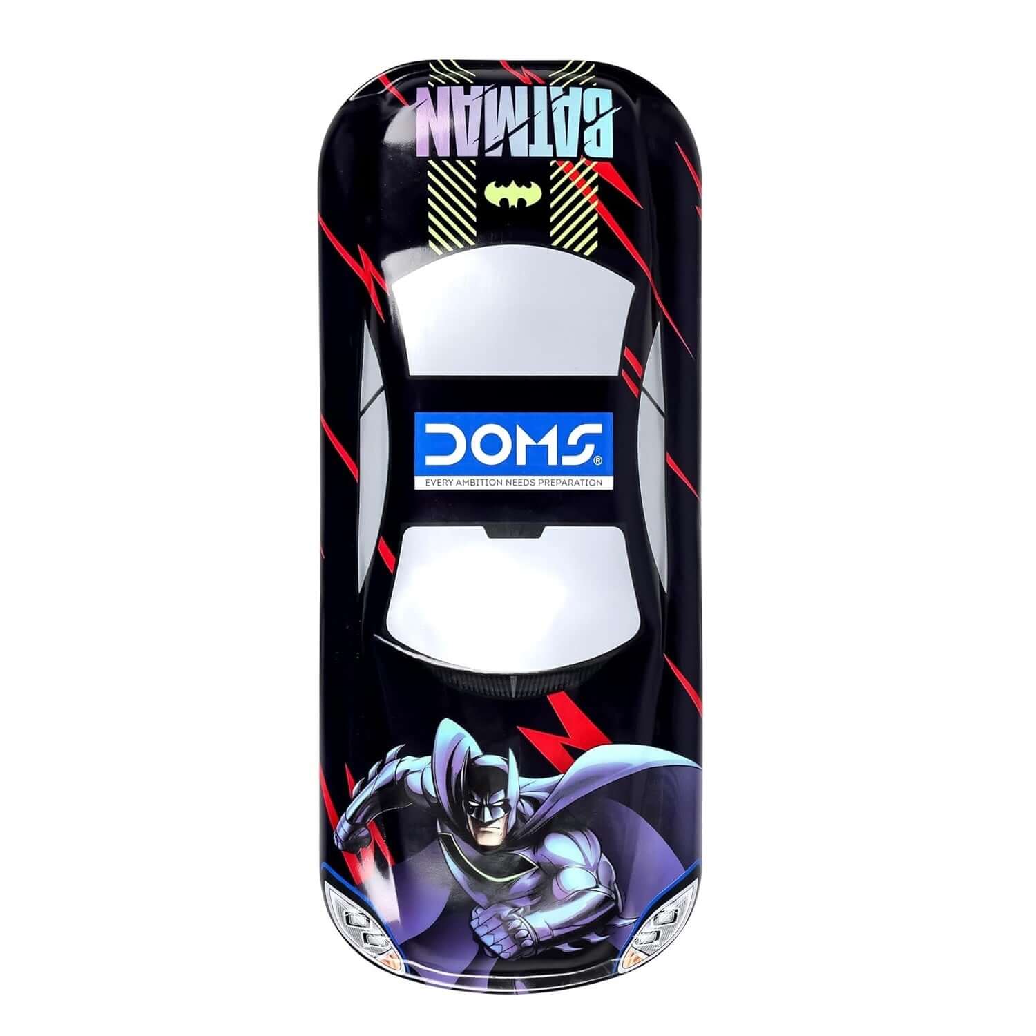 Doms Batman Metal Pencil Box in car shape design, ideal for young superhero fans and school supplies.