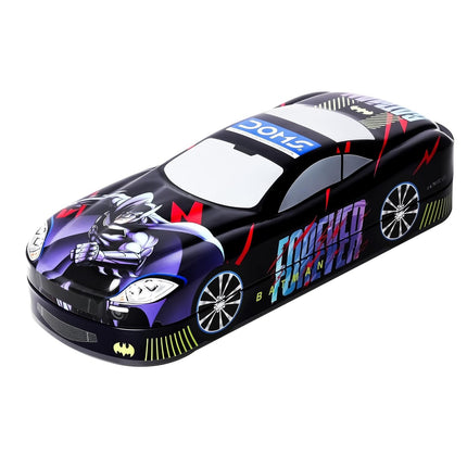 Doms Batman Metal Pencil Box in car shape design, ideal for young superhero enthusiasts. Durable tin construction.