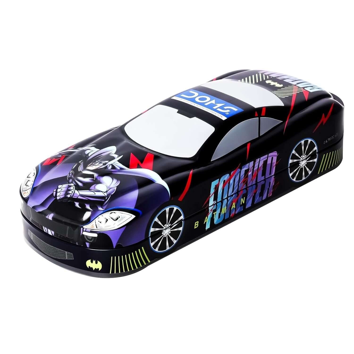 Doms Batman Metal Pencil Box in car shape design, ideal for young superhero enthusiasts. Durable tin construction.