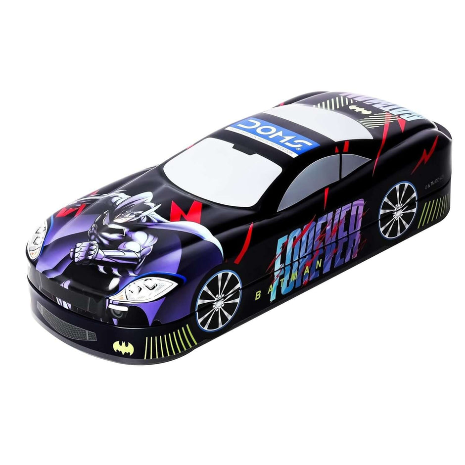 Doms Batman Metal Pencil Box in car shape design, ideal for young superhero enthusiasts. Durable tin construction.