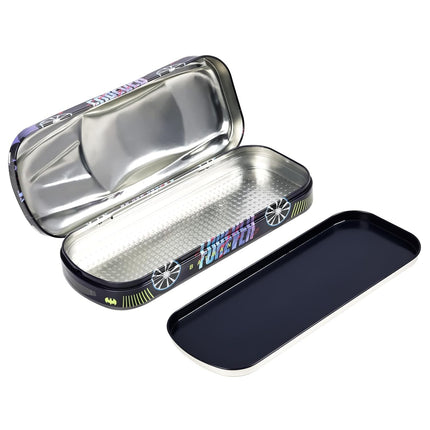 Doms Batman Metal Pencil Box opened, showcasing the car shaped pencil box design and shiny interior.