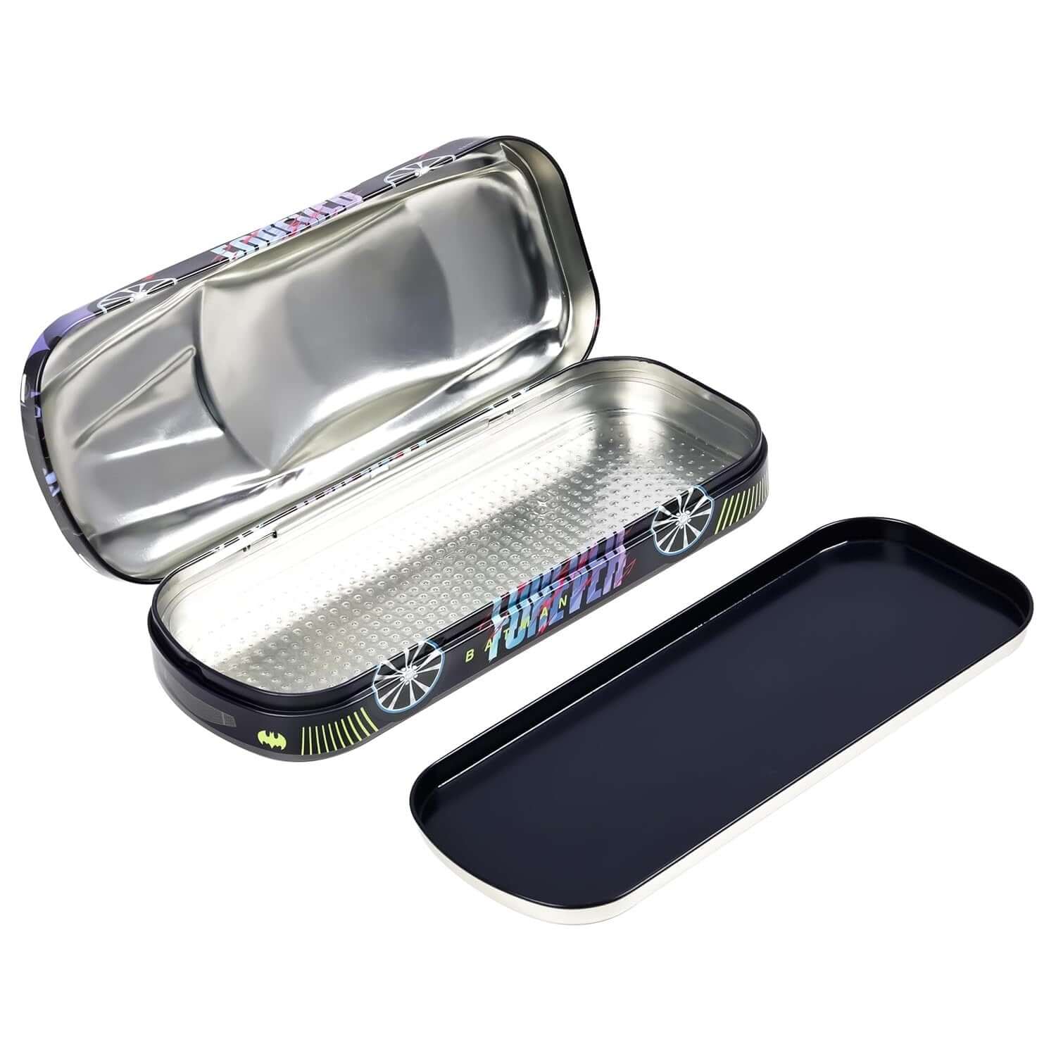 Doms Batman Metal Pencil Box opened, showcasing the car shaped pencil box design and shiny interior.
