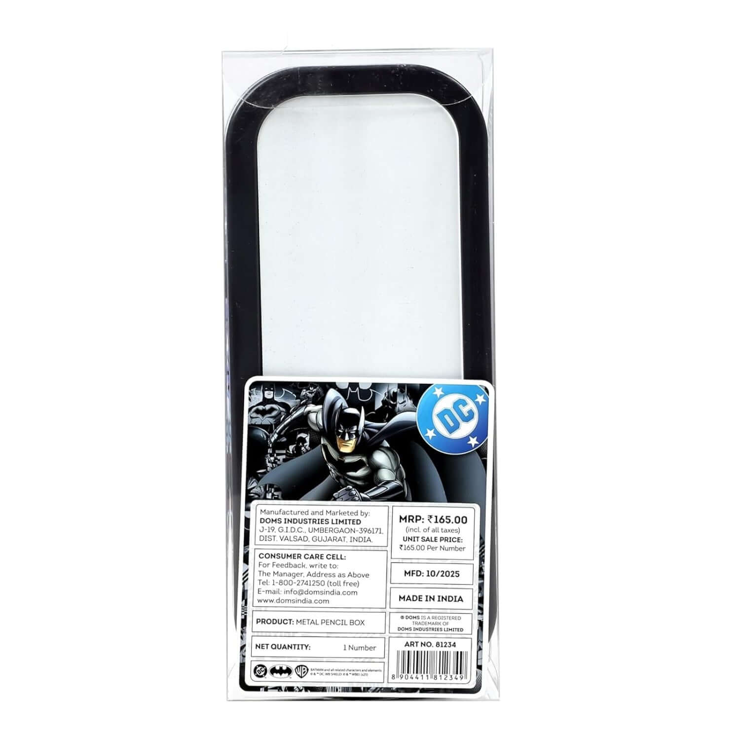 Doms Batman Metal Pencil Box packaging featuring a car shaped pencil box design and superhero graphics.