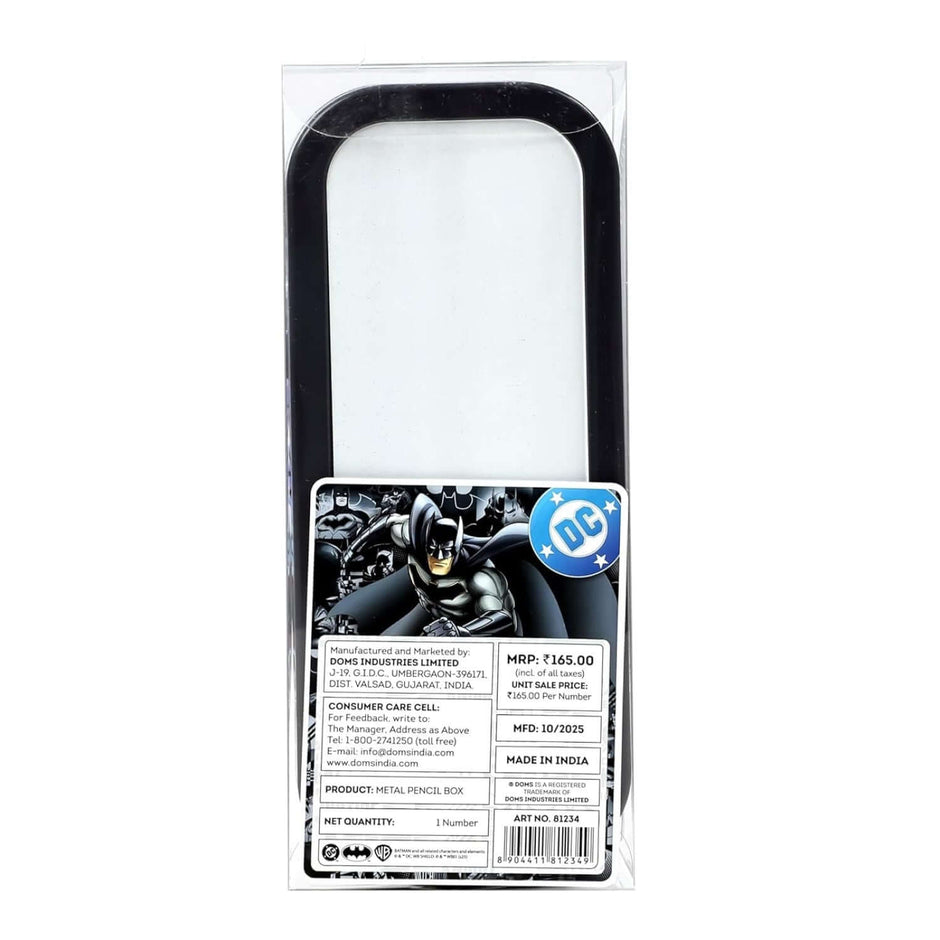 Doms Batman Metal Pencil Box packaging featuring a car shaped pencil box design and superhero graphics.