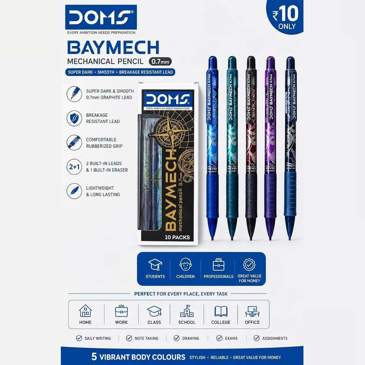 DOMS Baymech 0.7mm Mechanical Pencil packaging with vibrant colors and product details.