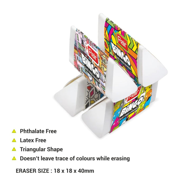 Flair Creative Bingo Eraser | Pack of 1 showing its triangular shape and phthalate-free design for clean erasing.