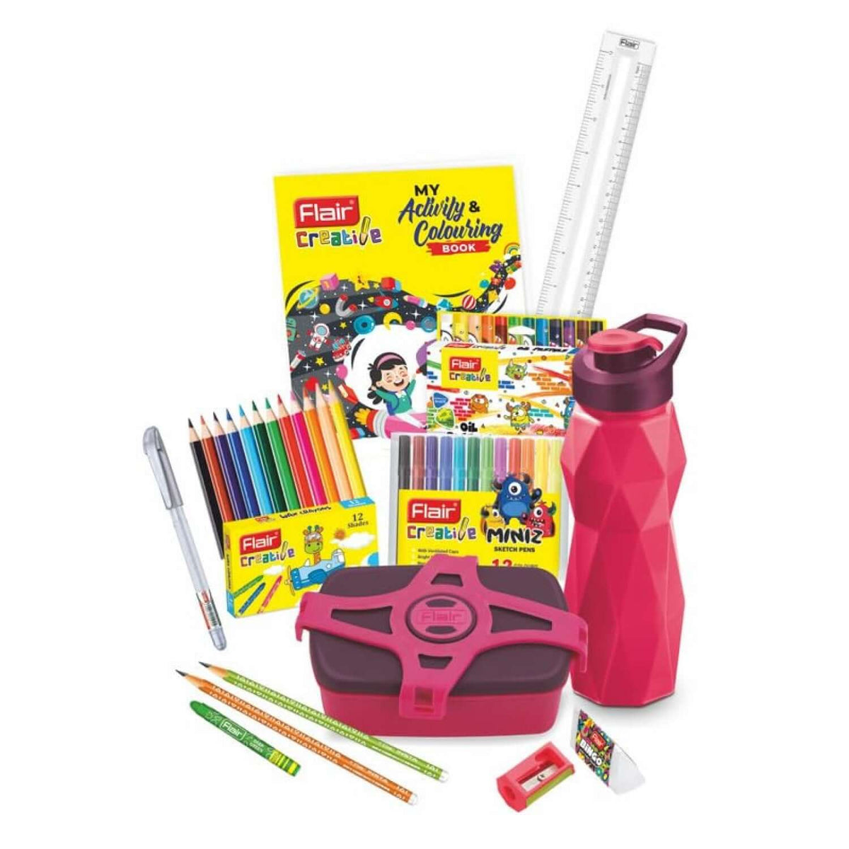 Flair Creative Bingo Kit | Stationery Kit of 12 Items with colored pencils, pens, and a water bottle.