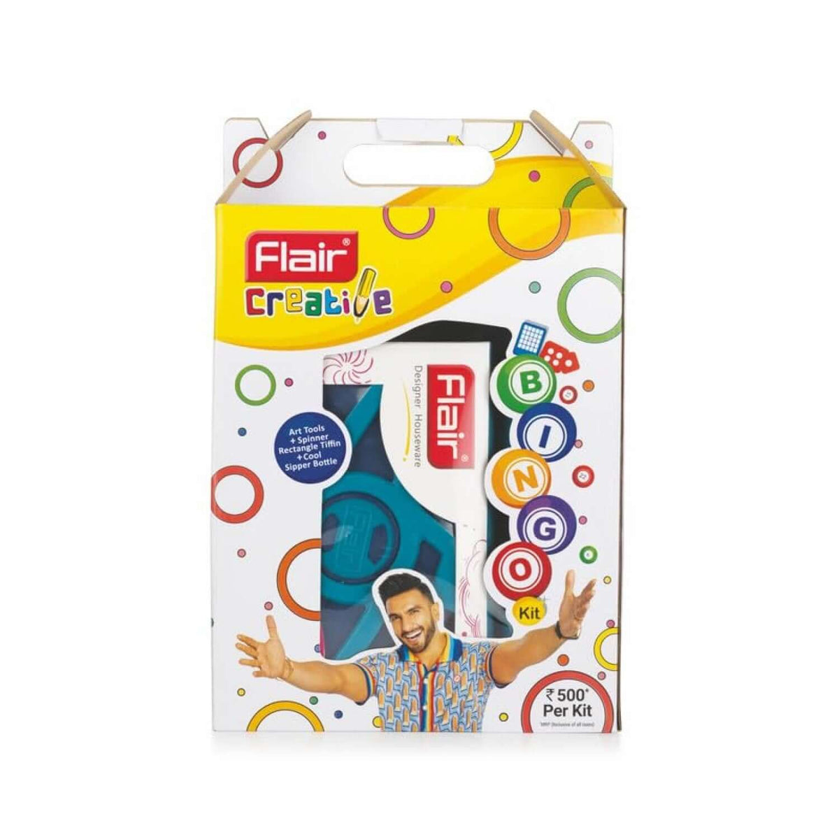 Flair Creative Bingo Kit | Stationery Kit of 12 Items packaging featuring art supplies for kids