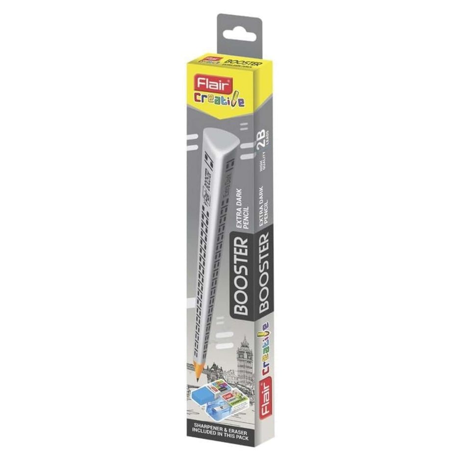 Flair Creative Booster Pencil | Includes Eraser and Sharpener packaging with pencil and included accessories.