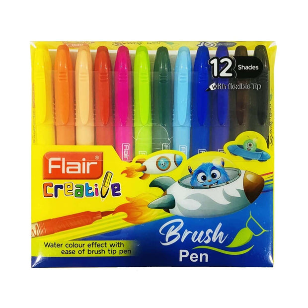 Flair Creative Brush Pen 12 Shades set featuring vibrant colors and flexible tips for artists.