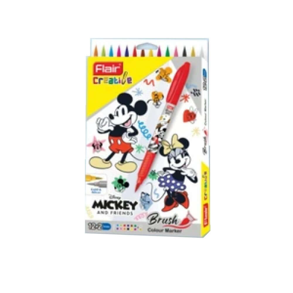 Flair Creative Mickey & Friends Brush Pen Set of 14 Shades packaging showing vibrant colors and characters.