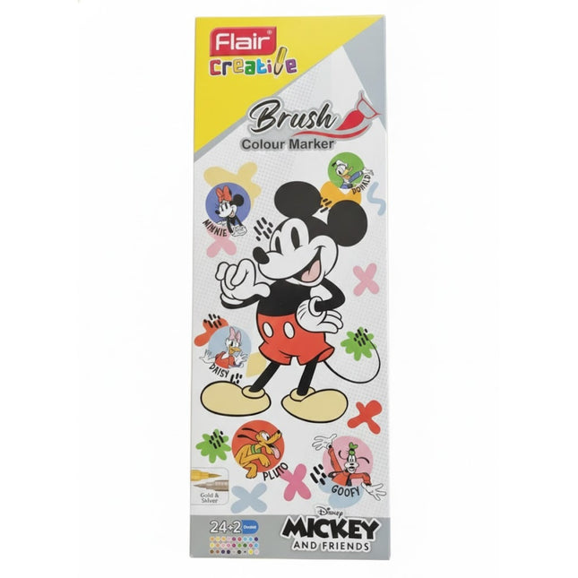 Flair Creative Mickey & Friends Brush Pen Set of 26 Shades packaging showing Mickey Mouse and colorful designs.