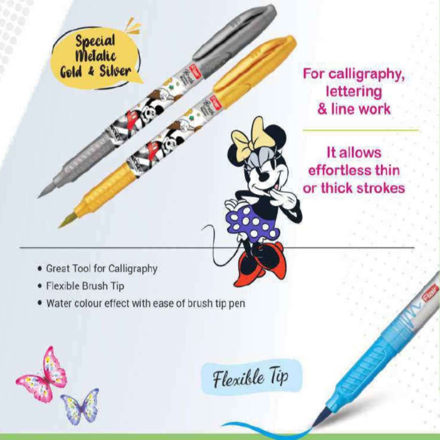 Flair Creative Mickey & Friends Brush Pen Set of 14 Shades featuring gold and silver pens for calligraphy and lettering.