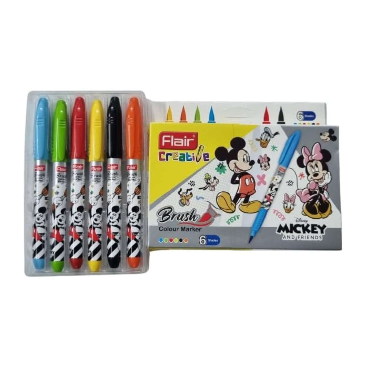 Flair Creative Mickey & Friends Brush Pen Set of 6 Shades in colorful packaging with markers displayed.
