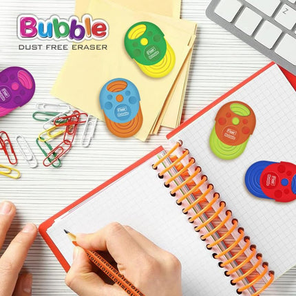 Flair Creative Bubble Eraser | Pack of 1 displayed with colorful designs on a notepad and office supplies.