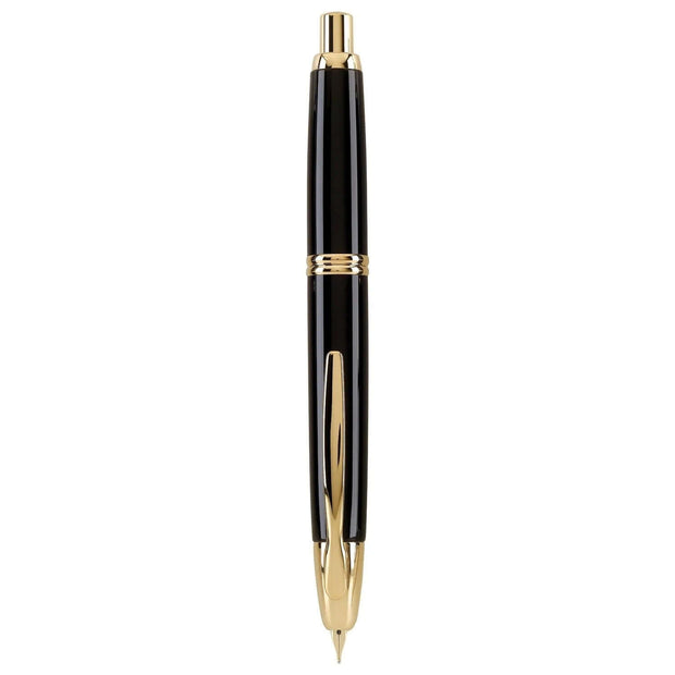 Pilot Capless Black GT Fountain Pen with gold trims, showcasing its sleek design and innovative retractable mechanism.