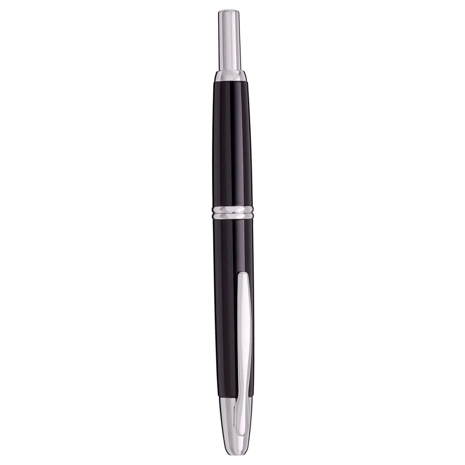 Pilot Capless Decimo Black Fountain Pen shown in sleek black with rhodium accents and retractable mechanism.