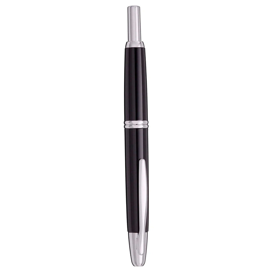Pilot Capless Decimo Black Fountain Pen shown in sleek black with rhodium accents and retractable mechanism.