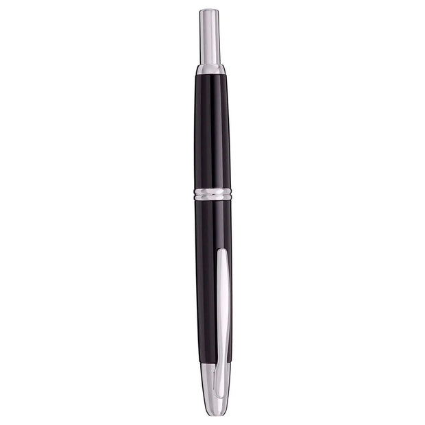 Pilot Capless Decimo Black Fountain Pen shown in sleek black with rhodium accents and retractable mechanism.