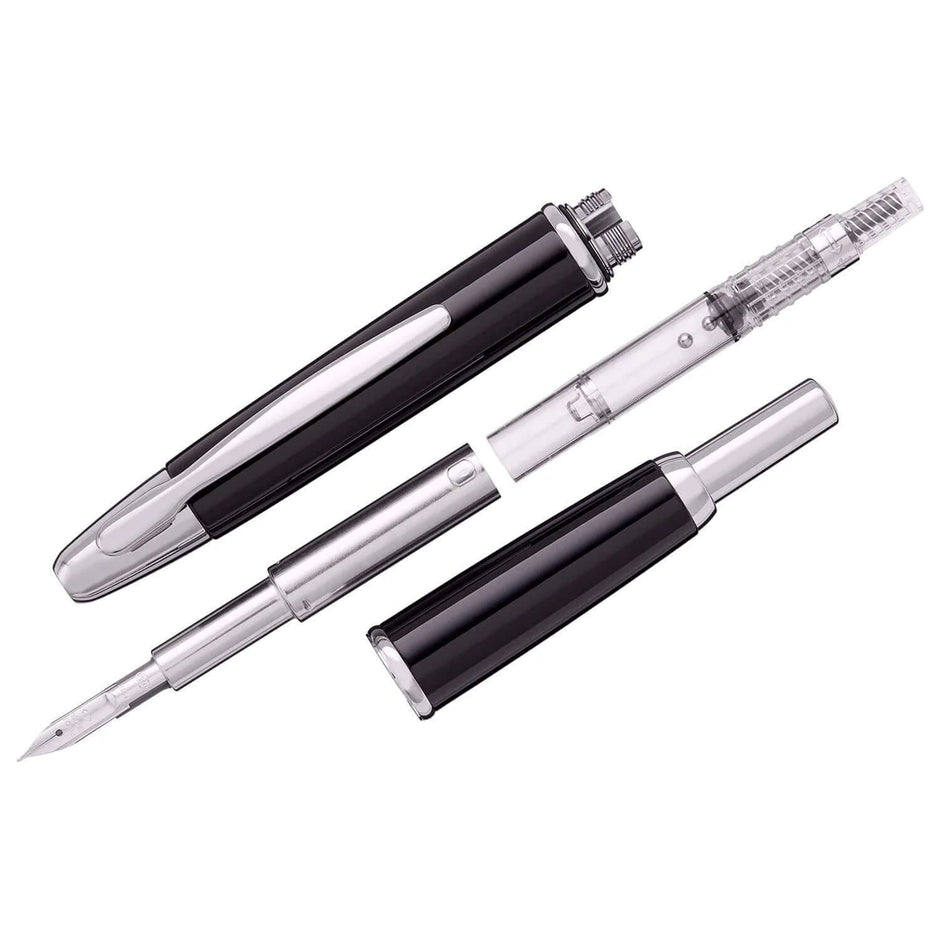 Pilot Capless Decimo Black Fountain Pen with retractable mechanism and 18k gold nib, showcasing its elegant design.