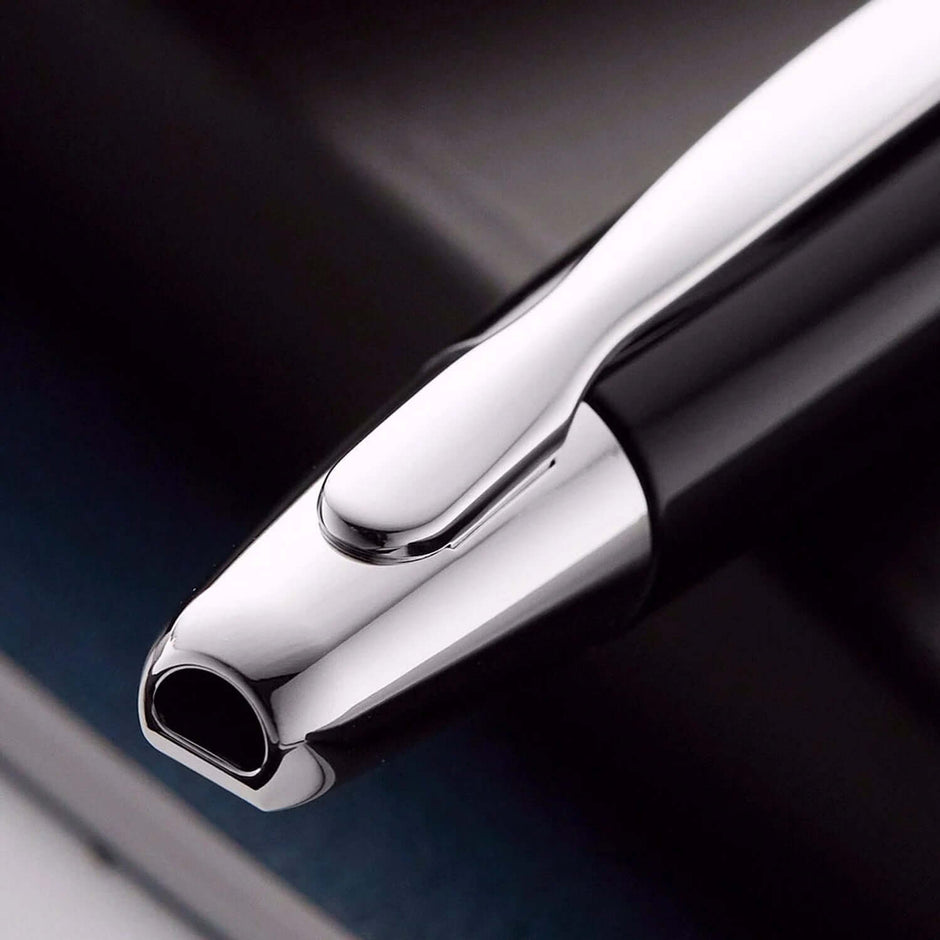 Close-up of Pilot Capless Decimo Black Fountain Pen featuring sleek design and polished accents.