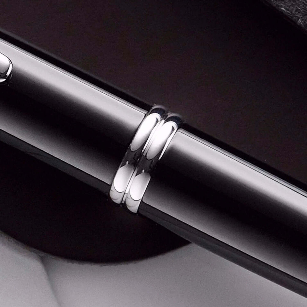 Close-up of the clip and rhodium accents on the Pilot Capless Decimo Black Fountain Pen.