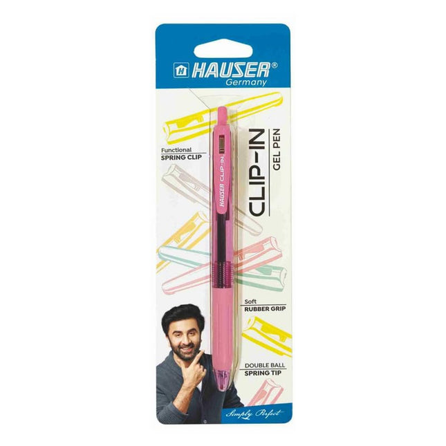 Hauser Clip-in Gel Pen | Ink Colour - Blue on packaging with functional spring clip and soft rubber grip.
