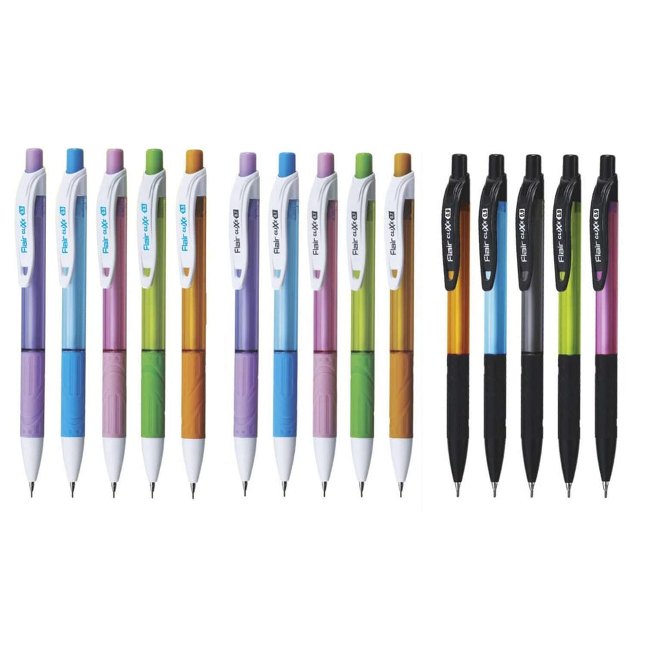 Flair Clixx Mechanical Pencil set featuring vibrant colors and ergonomic designs for comfortable writing.
