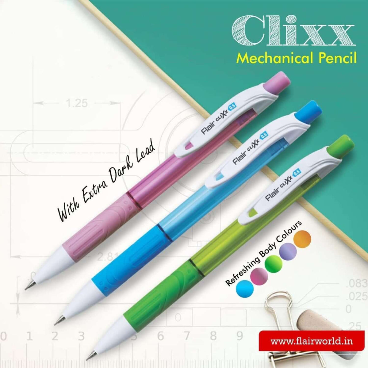 Flair Clixx Mechanical Pencil showcasing extra dark lead and refreshing body colors in pink, blue, and green.