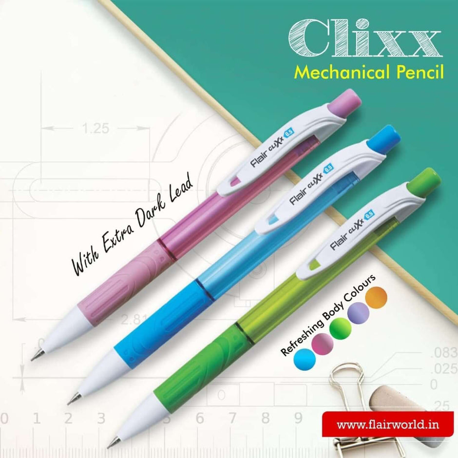 Flair Clixx Mechanical Pencil showcasing extra dark lead and refreshing body colors in pink, blue, and green.